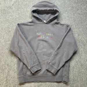 Happiness‎ Project Mens Embroidered Logo Hoodie Gray Cotton Blend Pullover Small